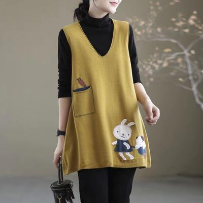 DIMANAF 2024 Plus Size Sweaters Spring Women Pattern Sleeveless Vest Wadded Sweaters Knitting Casual Style Loose Sweater