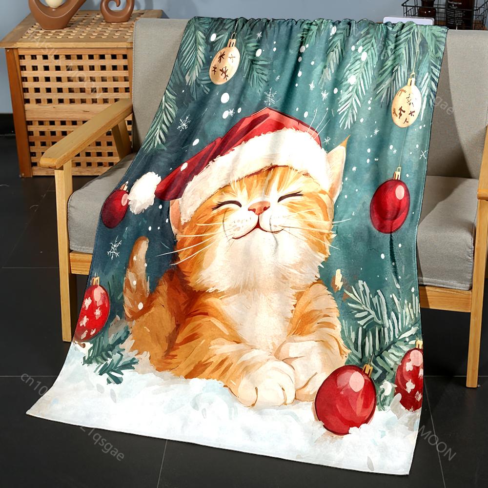 Multi-size Festive Cat In Snow Pattern Blanket Flannel Material Soft Warm for All Seasons Home Outdoor Camping Picnics RV Gifts