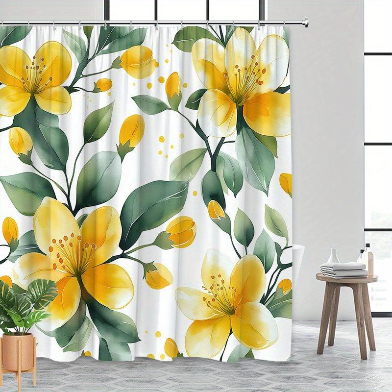 1Pc Seamless Yellow Floral Pattern Shower Curtain, Polyester Fabric, Machine Washable, Suitable For Bathroom Decoration
