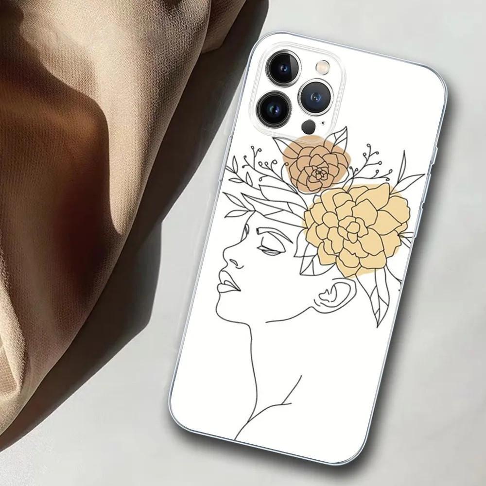 Apple IPhone15ProMax Mobile Phone Case Line Art Girl Mobile Phone Case Hair Painting Anti-drop Huawei Three