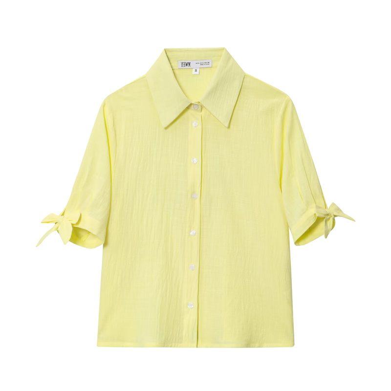

Zbzr Spring New Women clothes Western Style Lapel Ramie Blended Short sleeve Bow Shirts Top 8206730 Yellow L