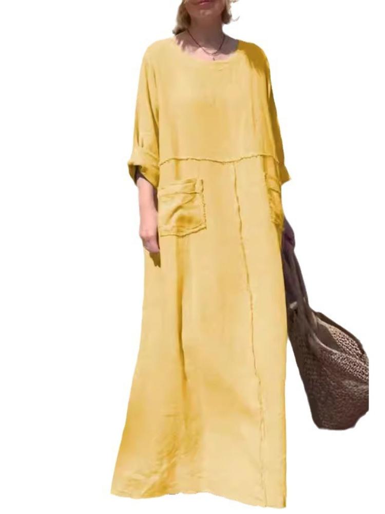 

Летнее женское однотонное платье с круглым вырезом, из хлопка и льна, с длинными рукавами, повседневное, плиссированное, с двусторонними карманами 3XL жёлтый