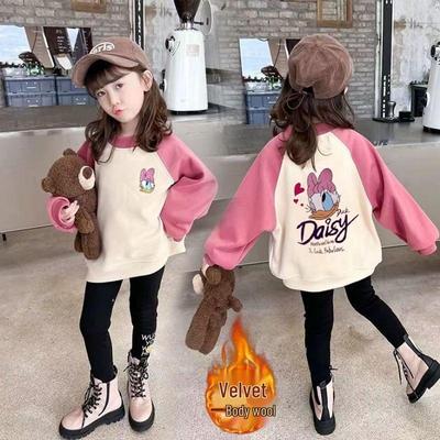Girls' Cartoon Color Block Velvet Sweatshirt - Winter Raglan Top