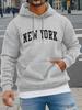 Vintage Curved NEW YORK 1998 Letter Print Men's Light Gray Hoodie, Hip Hop Sports Loose Pocket Street Sweatshirt