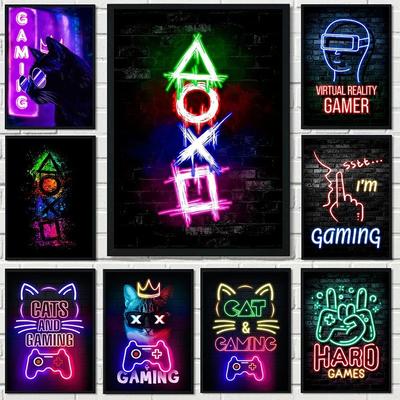 Nordic Neon Cat and Gaming Controller Quotes HD Posters Canvas Painting for Wall Art Mural Gamer Boys Girls Room Decor No Lights