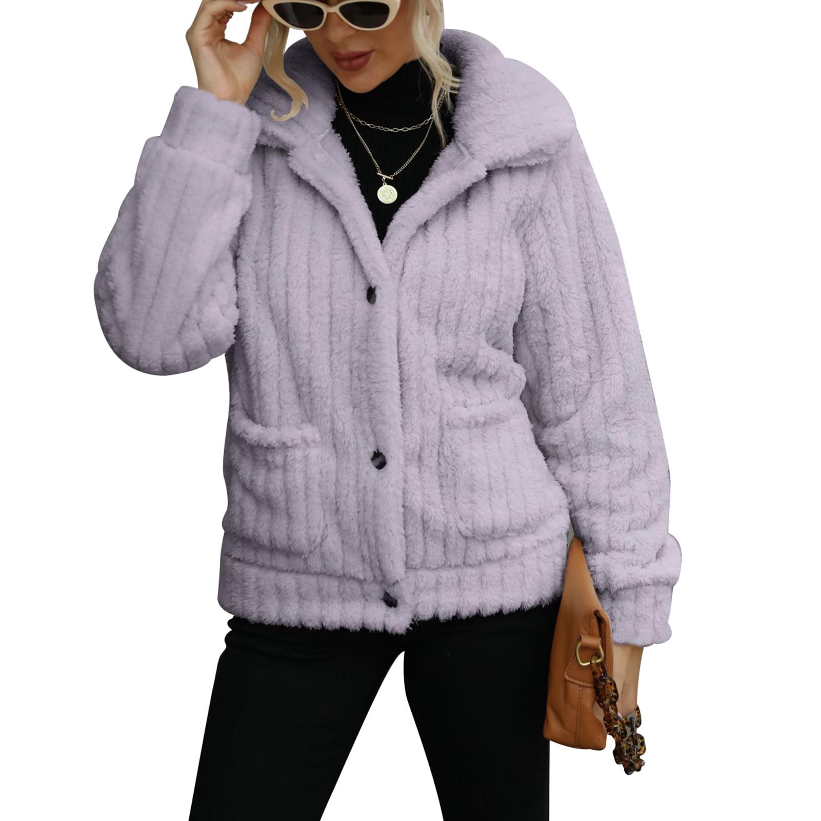 

Women Winter Fleece Coat Long Sleeve Lapel Button Striped Iron Free Warm Jacket with Pockets for L білий