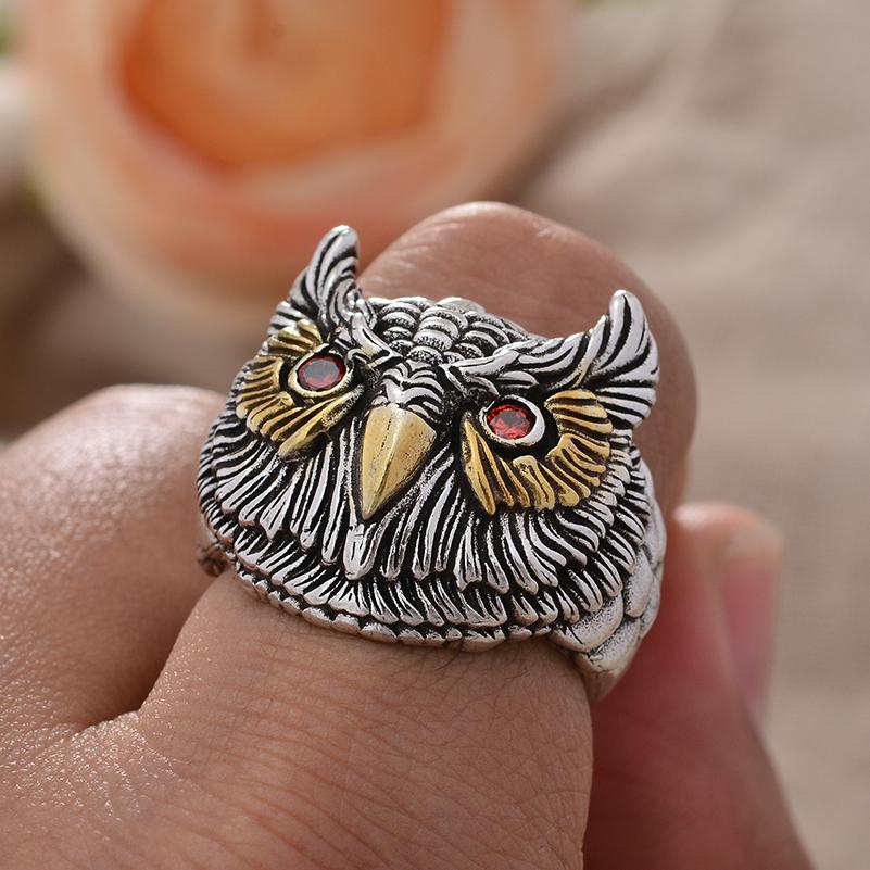2023 New Design Vintage Owl Animal Red Crystal Eyes Thai Silver Man Ring Wholesale  Cheap Gifts