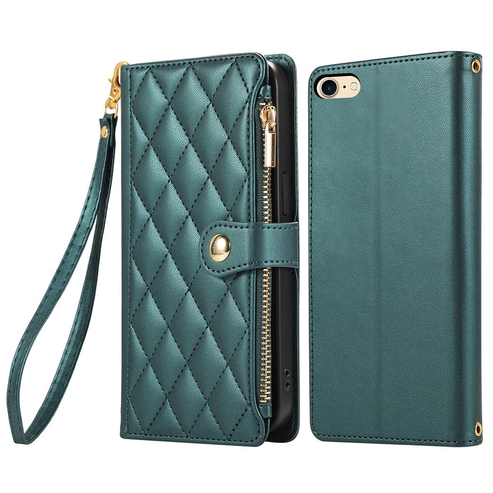 For iPhone 16e Case Multi Card Slots Zipper Rhombus Leather Phone Cover with Wrist Strap