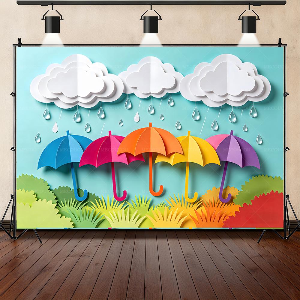3D Umbrella Raindrop Theme Banner Background Photo Studio Shooting Props Kindergarten Poster Children's Birthday Party Props