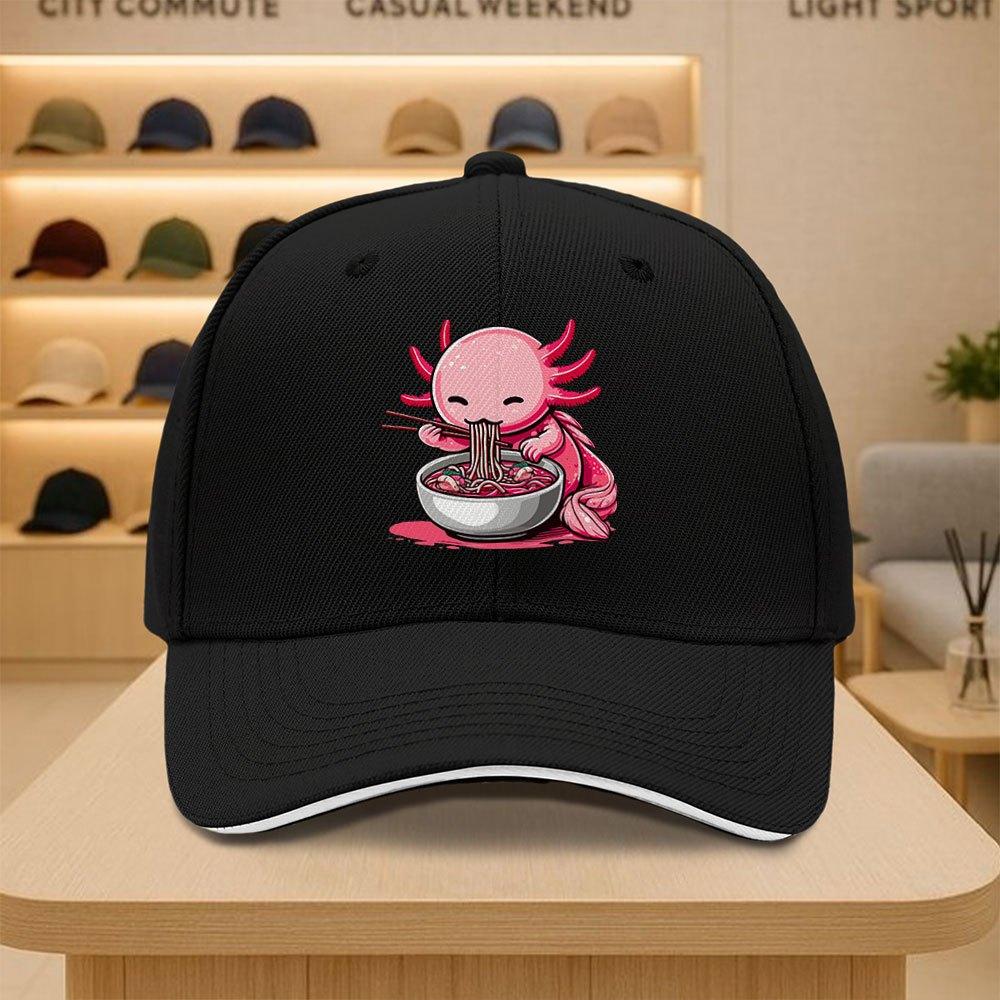 Cute Axolotl Eating Ramen Noodle Baseball Cap Funny Pink Amphibian Graphic Adjustable Polyester Hat Casual Outdoor