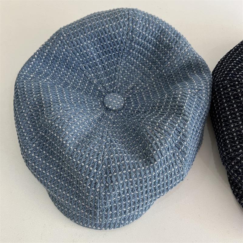British retro denim plaid octagonal cap children's beret spring and autumn new fashion face newsboy hat