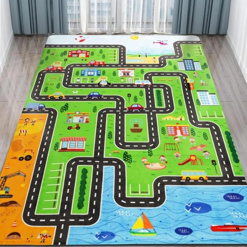 Kids Road Map Play Rug with Whale Town Scene Educational Playmat for Children's Bedroom Playroom Decor
