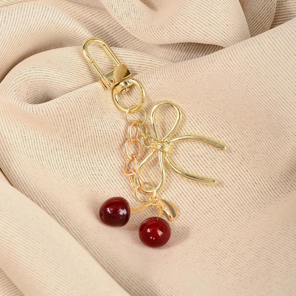Elegant Pastoral Gold & Silver Chain Bowtie Faux Cherry Keychain Charm