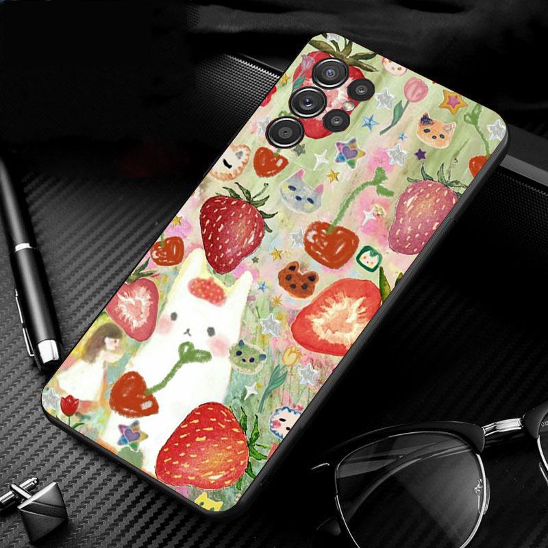 Phone Case For Samsung Galaxy S26 S25 S24 S23 S22 Ultra S23 S22 S25 Plus S24 FE S26Edge Strawberry Cat Cartoon