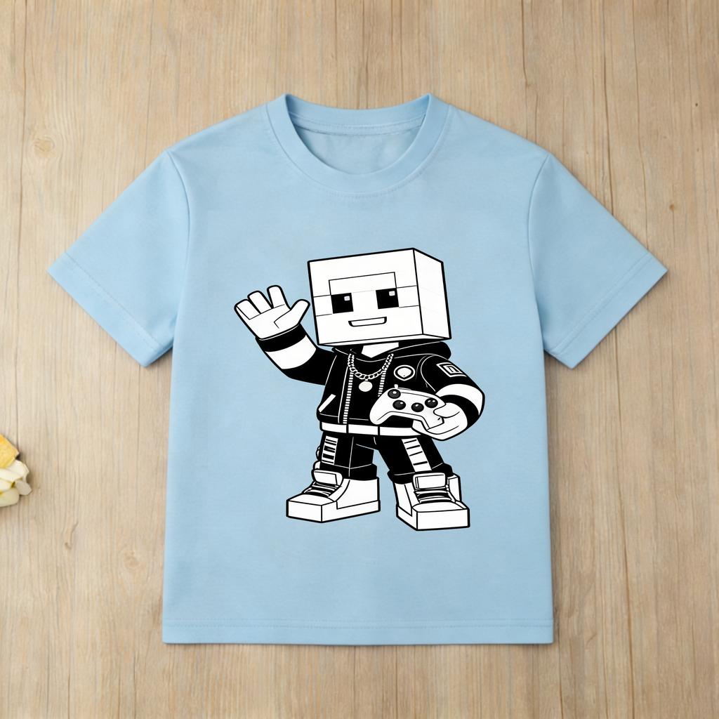 Kids Roblox Black Tshirt Gold Character Print Short Sleeve Casual Tee for Boys Girls