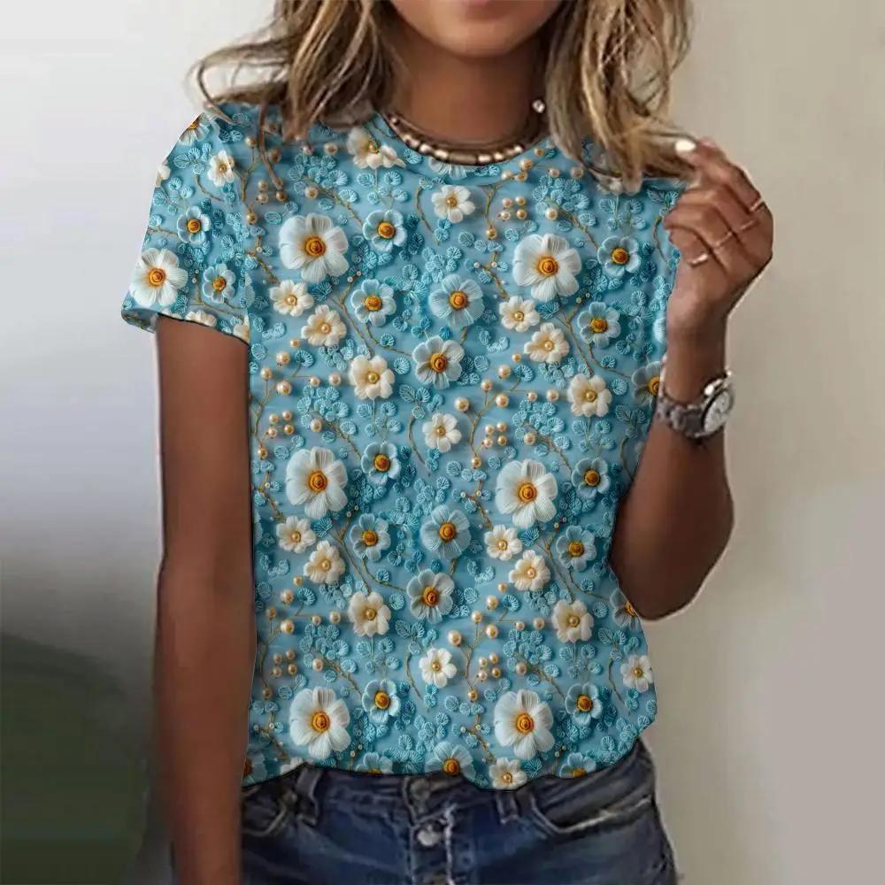 Flower T-shirt 3D printed women's short sleeved T-shirt casual O-collar streetwear Y2k Harajuku T-shirt women's clothing