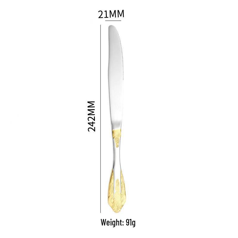 Retro Embossed 410 Stainless Steel Tableware Set: Real Gold-Plated Knife, Fork, and Spoon for Restaurants and Hotels