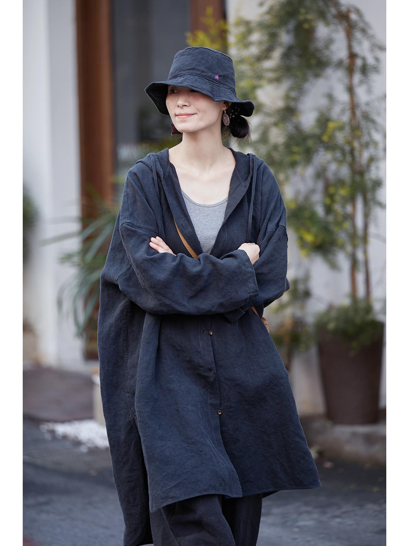 

Autumn Retro Biwen Dye Hooded Mid-Length Boyfriend Windbreaker Shirt L