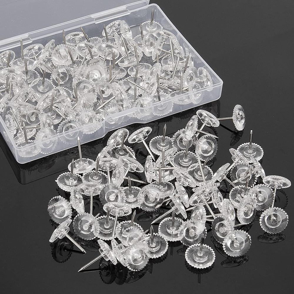 100PCS Clear Thumb Tacks Steel Point and Head Pushpins Transparent Flat Push Pins for Fabric Marking Office Organization