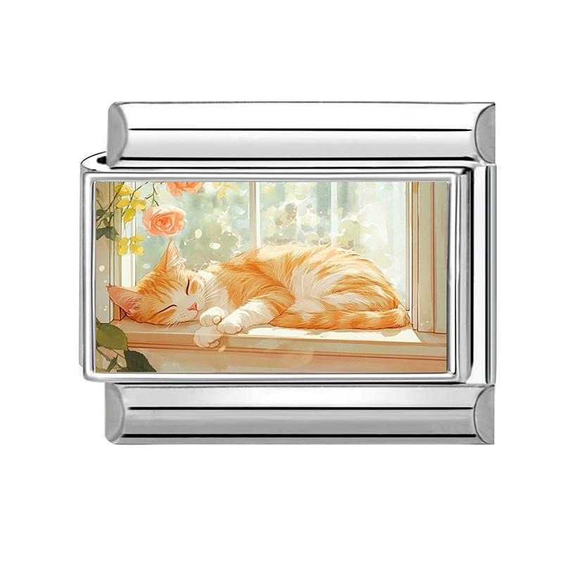 Women's Gift Cute Cat Looks At The Cake DIY Italian Charm Links Beads Fit 9mm Stainless Steel Modular Bracelet Jewelry Gift
