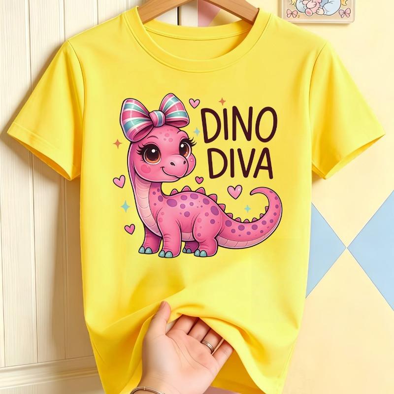Kids Pink Dinosaur Princess Bow Graphic Crewneck Short Sleeve Tee
