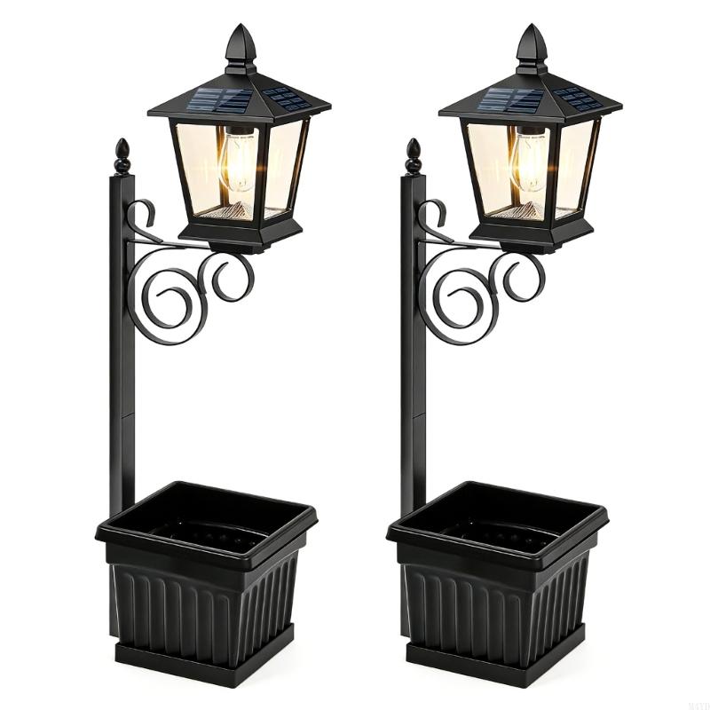 Solar Powered Flower Pot Light Decorative Outdoor Lamp For Garden Pathway And Patio With Auto On Off M4YD