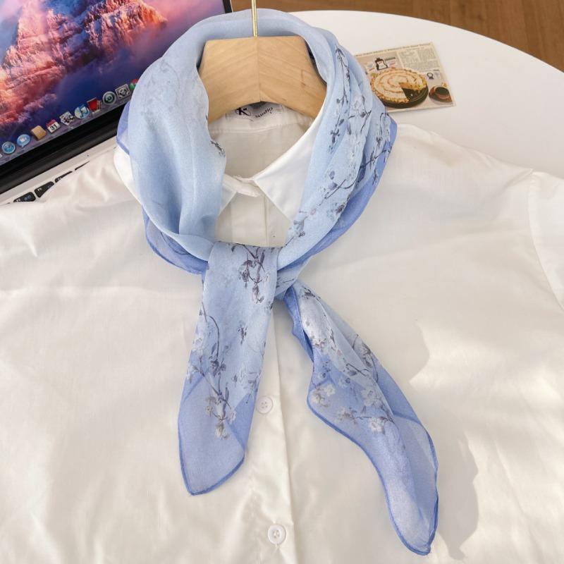 Spring and summer blue floral versatile thin small silk scarf women's mulberry silk yarn fashion neck protection small square scarf scarf
