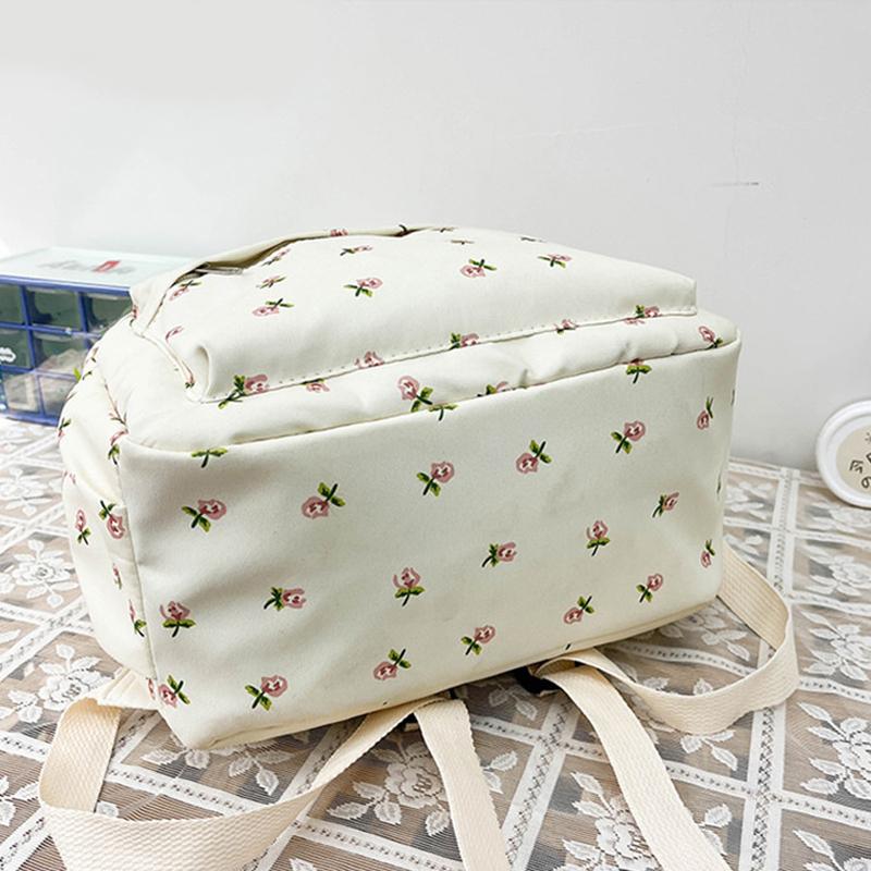 Korean School Backpack for Teenage Girls White Floral Bags for Women Cute Nylon Backpack