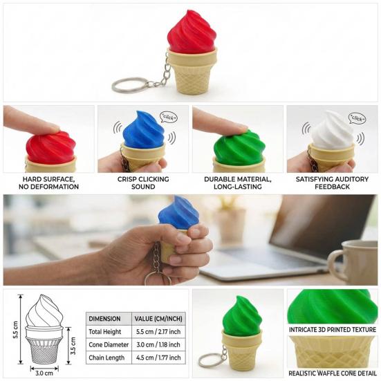3D Printed Ice Cream Keychain Stress Relief Ice Cream Cone Sensory Fidget Key Ring Desk Toy Bag Backpack Purse Charm