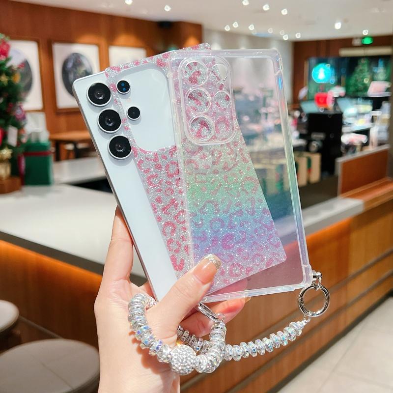 For Samsung Galaxy S23 Ultra Case Gradient TPU Phone Back Cover with Glitter Card Rhinestones Decor Strap