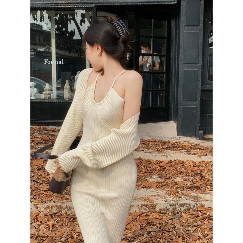 Knitted sweater, suspender neck dress, women's autumn and winter off-the-shoulder skirt, long dress with base and coat