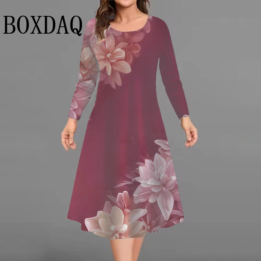 Flowers 3D Print Dresses For Women 2025 Autumn Winter Clothing Plus Size Long Sleeve Dress Casual Retro O-Neck Loose Mini Dress
