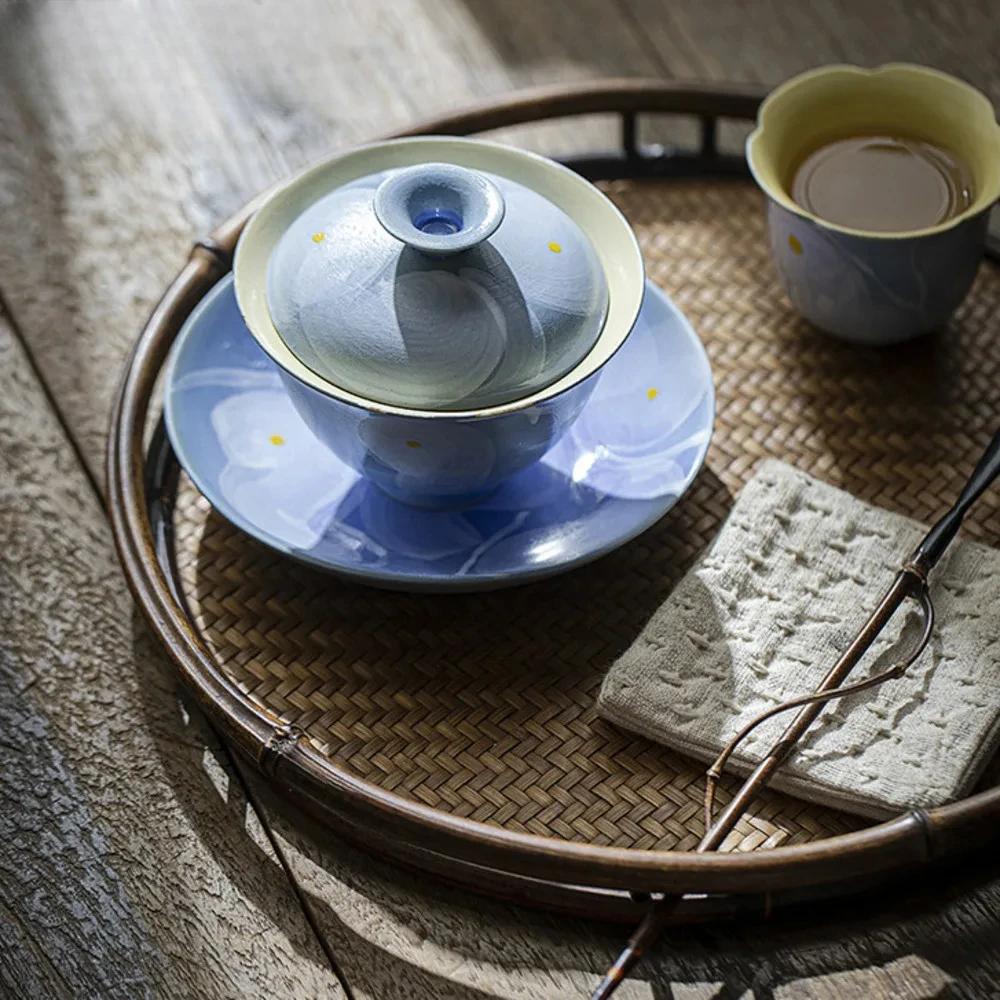 100ml Aesthetic Pure Hand-painted Gaiwan Japanese Powder Yin Blue Tea Tureen Household Tea Maker Cover Bowl Teaset Collection