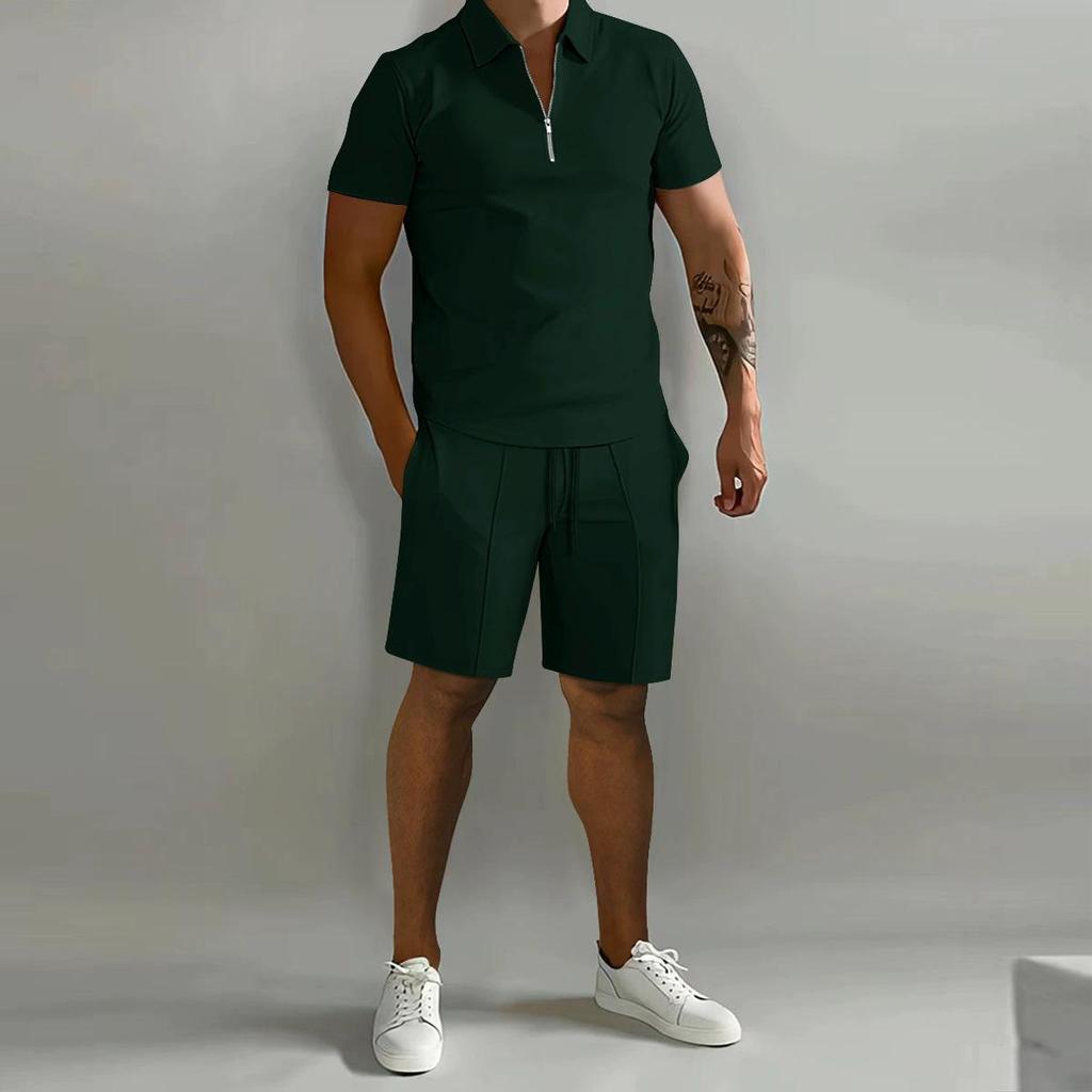 Letní pánský módní trend Fitness Sportovní volný oblek s krátkým rukávem a šortkami Pánské ležérní jednobarevné POLO tričko