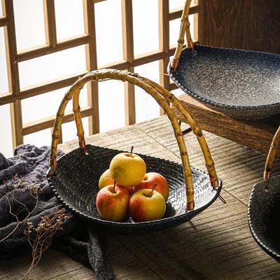 Japanese Ceramic Sushi Plate with Bamboo Handle – Creative Hanging Fruit & Dessert Tray