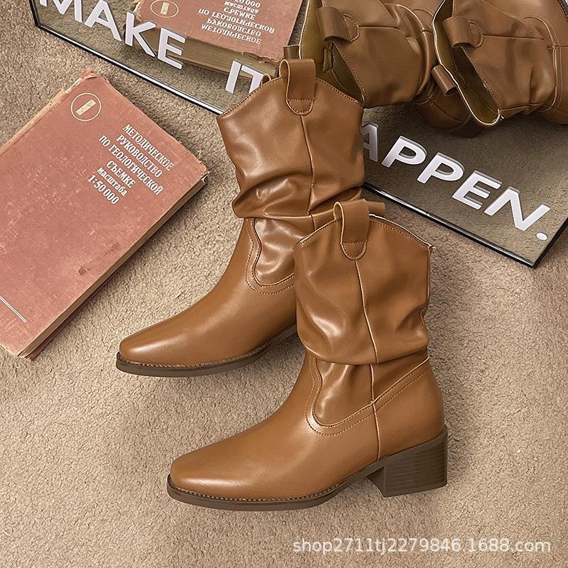 

Женские ботинки Мартина 2025 Новые Осенние Ретро Узкие Универсальные На высоком каблуке Маленькие Короткие Ботинки Ковбойские Ботинки с подкладкой 40 хаки