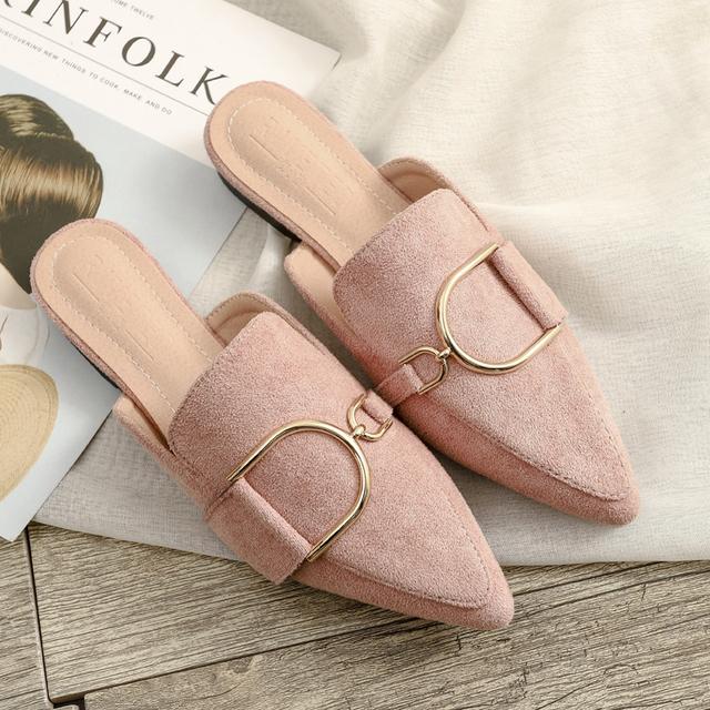 Jaro a léto Ženy Korejský Flock Semiš Kůže Polopantofle Dámské ploché Šaty Boty Nové Zapatillas Mujer Khaki Pink