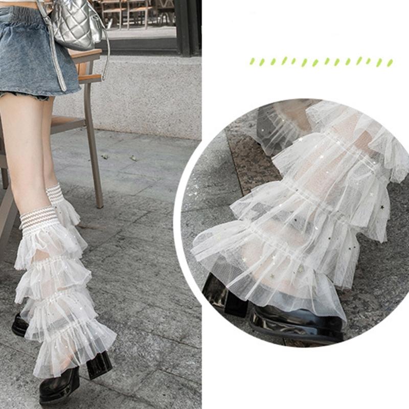Women Tiered Ruffle Lace Leg Warmers Sweet Thigh High Leg Socks Baggy Cuffs Ankle Heap Socks Mesh Flared Leg Sleeves