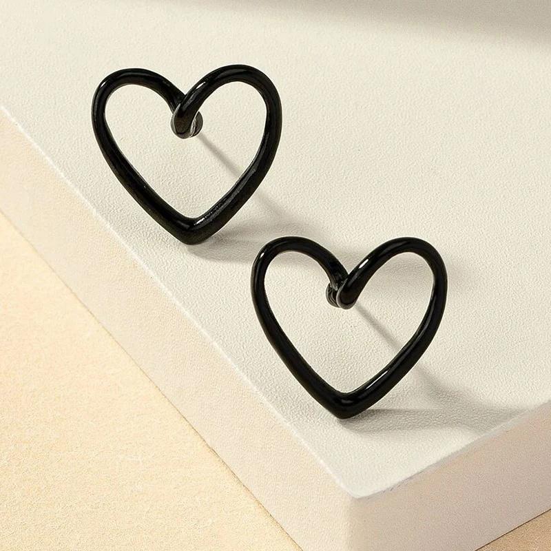 Obega Korean Hollow Out Heart Small Stud Earrings For Women Cute Black Love Shape Post Earrings Simple Minist Sweet Earrings