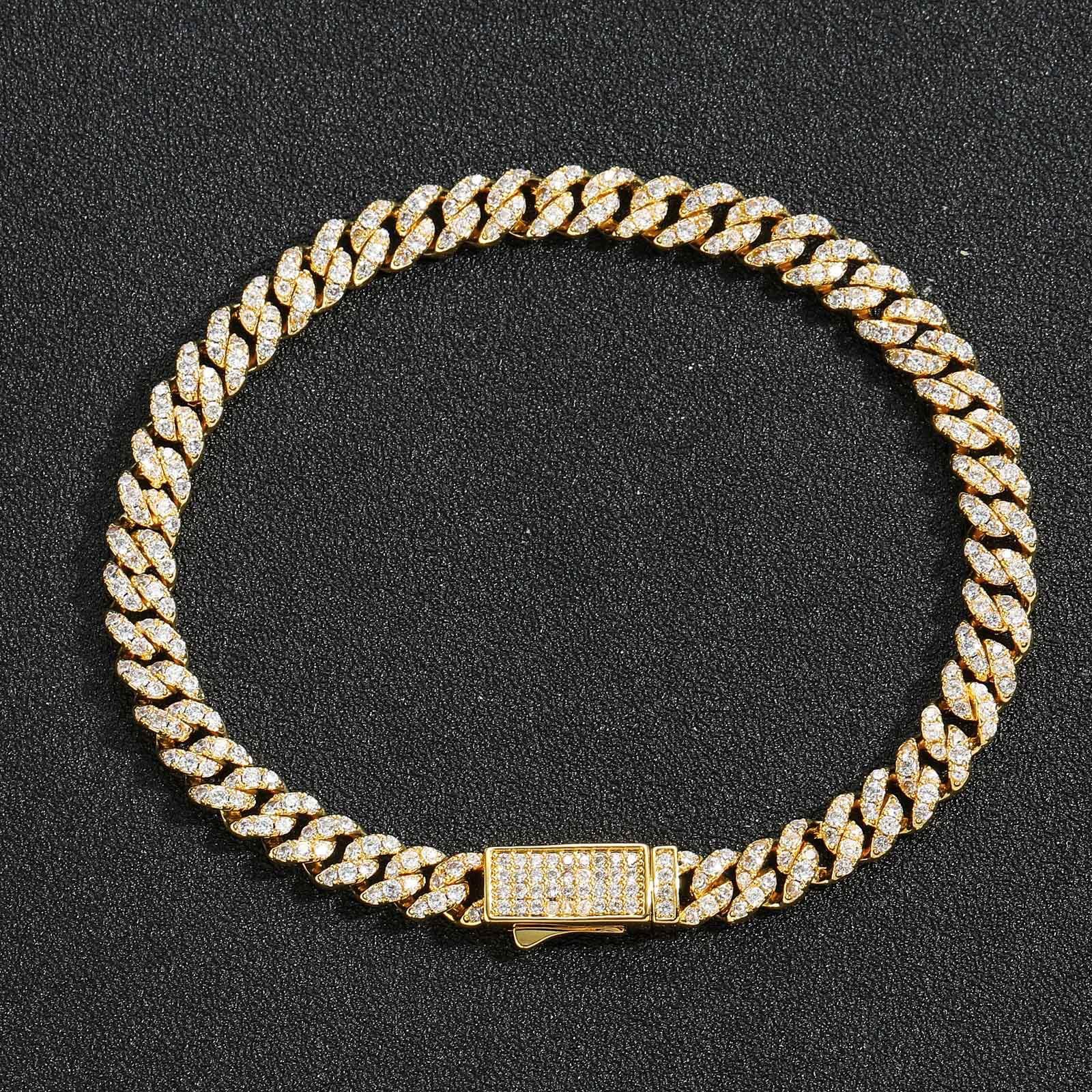 New 6mm Single Row Diamond Micro-encrusted Zircon Spring Buckle Cuban Chain Bracelet hiphop&7inches золотой
