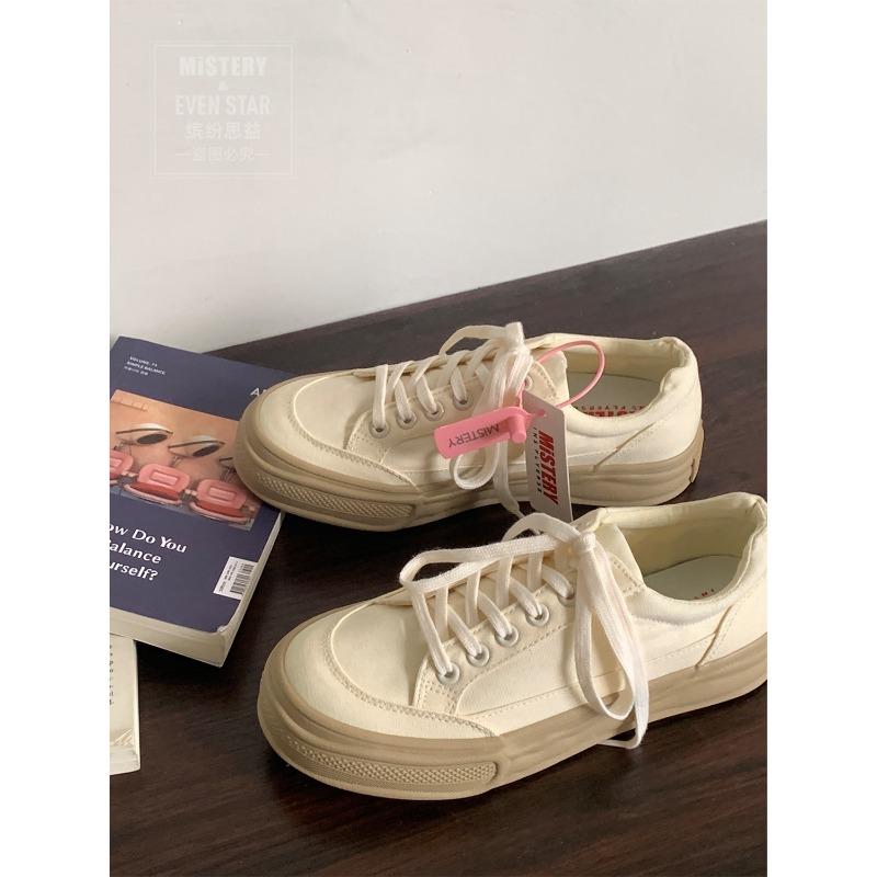thick-soled beige canvas shoes women's height-increasing dissolving shoes niche versatile retro casual board shoes 542