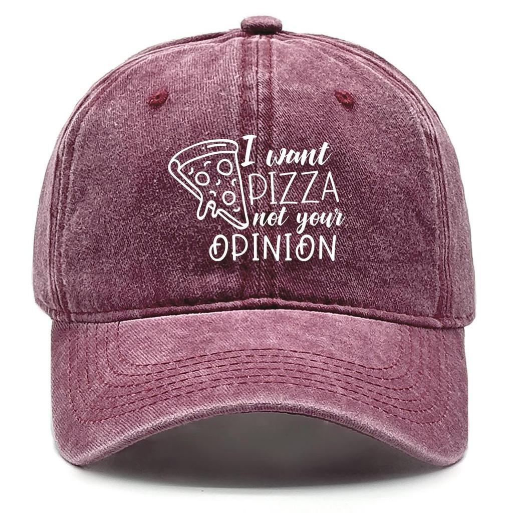 I want pizza not your opinion" Print Snapback Sun Hat, Trucker Hat Sun Protective Sporting Headwear Distressed Adjustable Baseball Hat