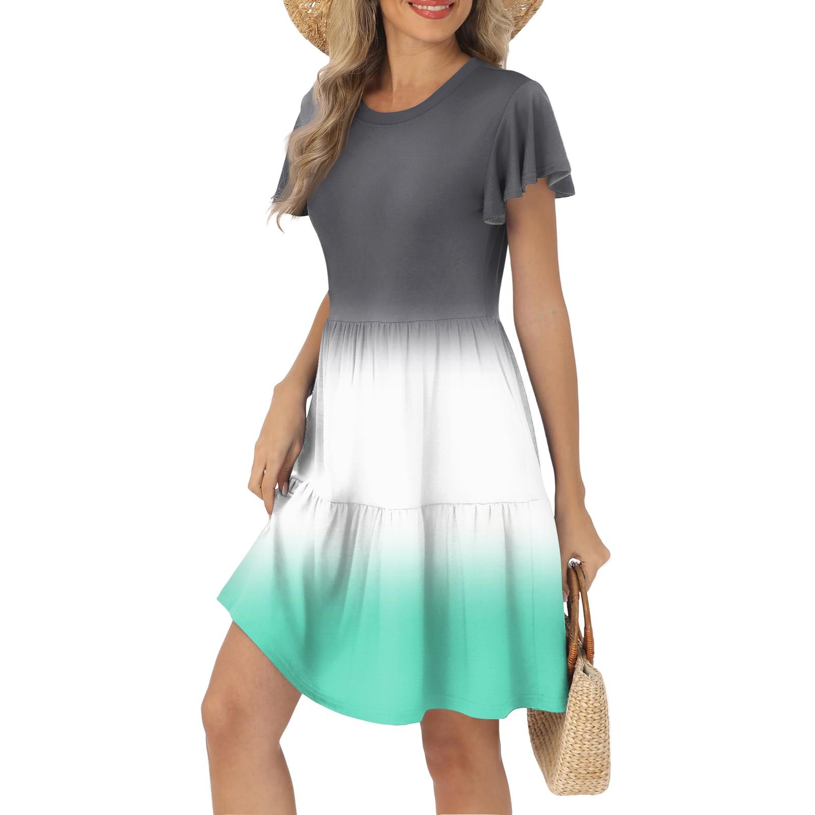 

Женские летние повседневные платья с оборками на рукавах, круглым вырезом и карманом в полоску с градиентным принтом S