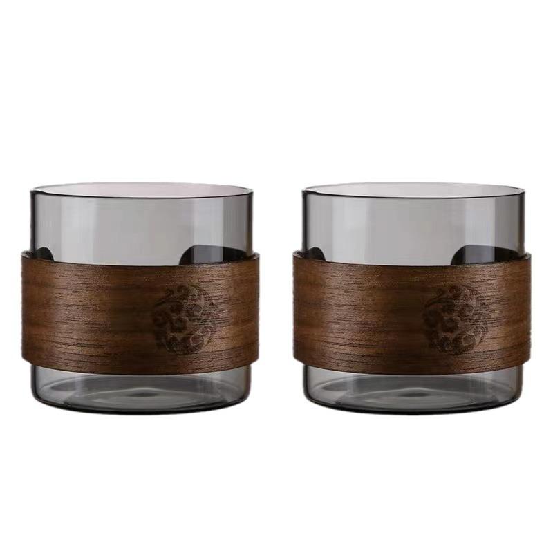 Insulated Borosilicate Glass Tea Cup with Walnut Wood Ring – Small, Multi-use for Home and Guests