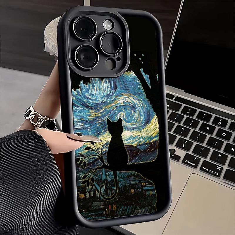 Phone Case for iPhone 17 Air 16E 15 16 Pro Max Black Cat Aesthetic Pattern Cover 14 Plus 13 12 Mini Soft Shell Silicone Fundas