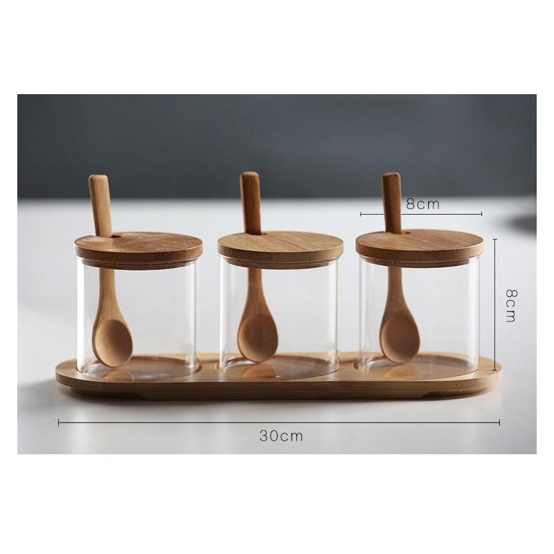 Glass Spice Jars with Bamboo Spoon 3pcs Seasoning Container Set Sugar Salt Pepper Organizer Condiment Bottles with Storage Base