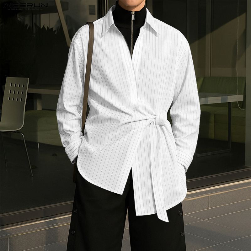 INCERUN Men Spring Turn Down Collar Long Sleeve Side Twisted Striped Print Shirts Tops