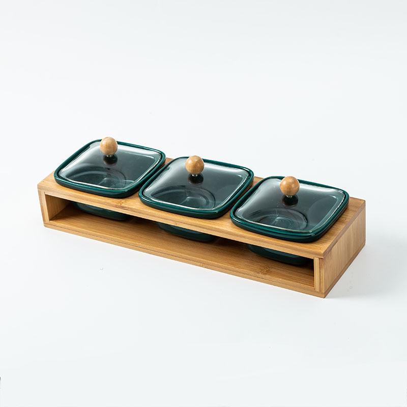 Vassoio per Snack in Bambù Stile Nordico con Coperchio in Vetro e Piatto in Ceramica