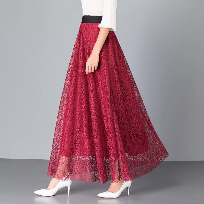 Velká velikost Univerzální A-liniová Dlouhá sukně Dámská Jarní a Podzimní Krajková Elastická S Vysokým Pasem Středně dlouhá Sukně