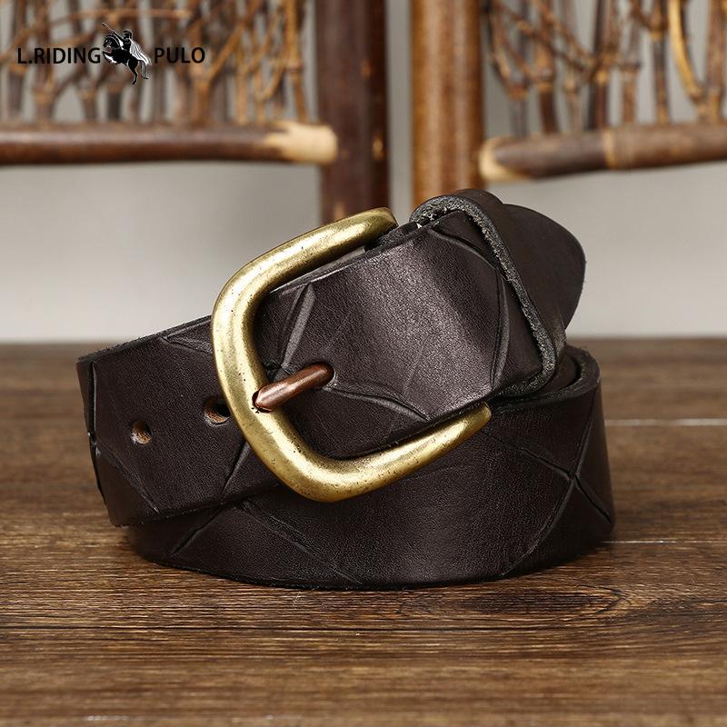 Cintura da Uomo in Pelle con Motivi Dipinti a Mano, Fibbia ad Ardiglione in Vera Pelle, Elegante Cintura Coreana in Pelle di Mucca